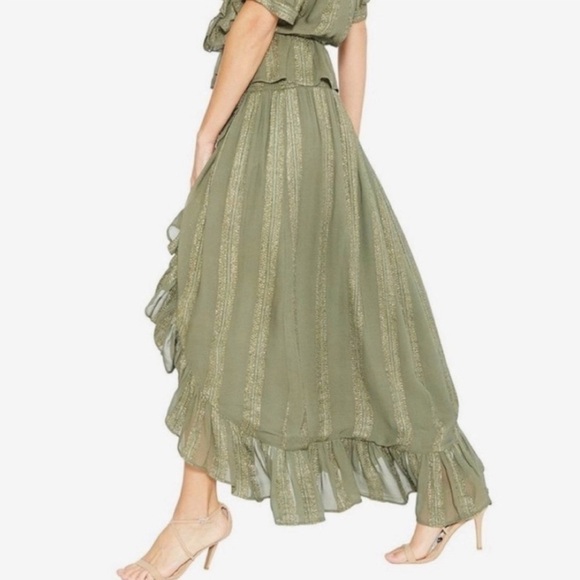 Misa LA Sedona Green Metallic Striped High Low Ruffle High Slit Maxi Skirt Small - Picture 3 of 17
